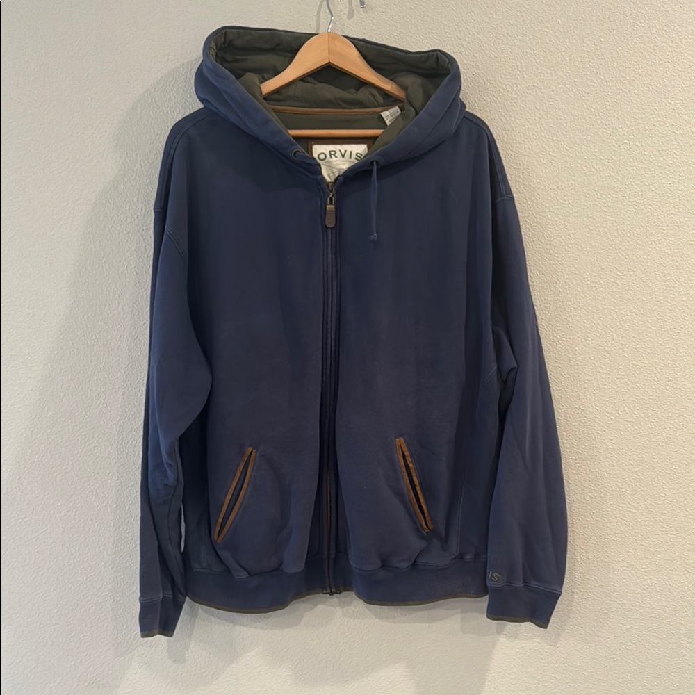 Orvis Navy Hooded Jacket with Brown Trim